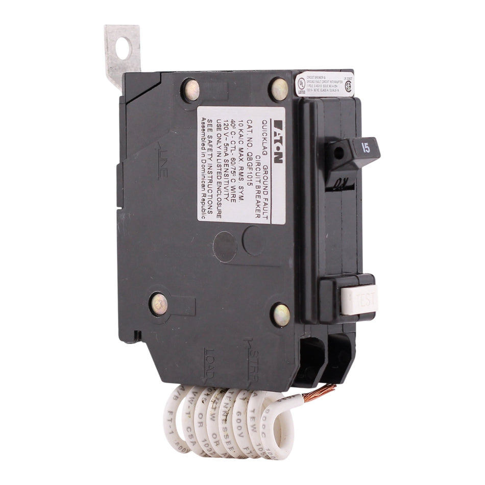 Eaton QB, QBGF1015, 15A, 1P, 120V, GFCI, Pigtail Neutral, Circuit Breaker