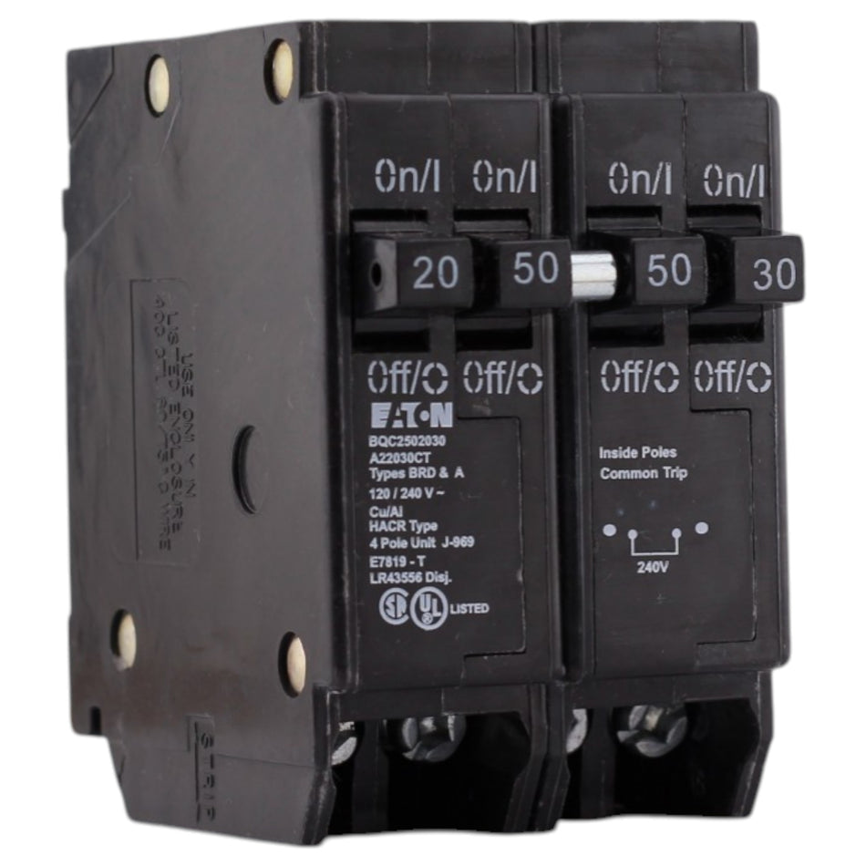 Eaton BR, BQC2502030, 20A/30A/50A, 4P, 120/240V, 10kAIC, CTL Quadplex, Plug-On, Circuit Breaker