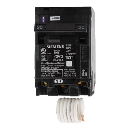 Siemens Q220GF 20 Amp Double Pole 240V Pigtail-Neutral GFCI Ground Fault Circuit Breaker UL