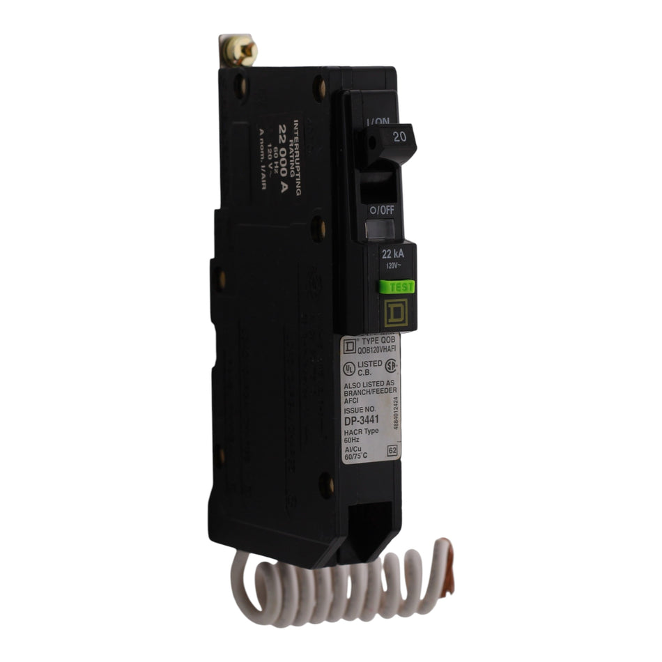 Square D QO, QOB120VHAFI, 20A, 1P, 120V, AFCI, Pigtail Neutral, Bolt-On, Circuit Breaker