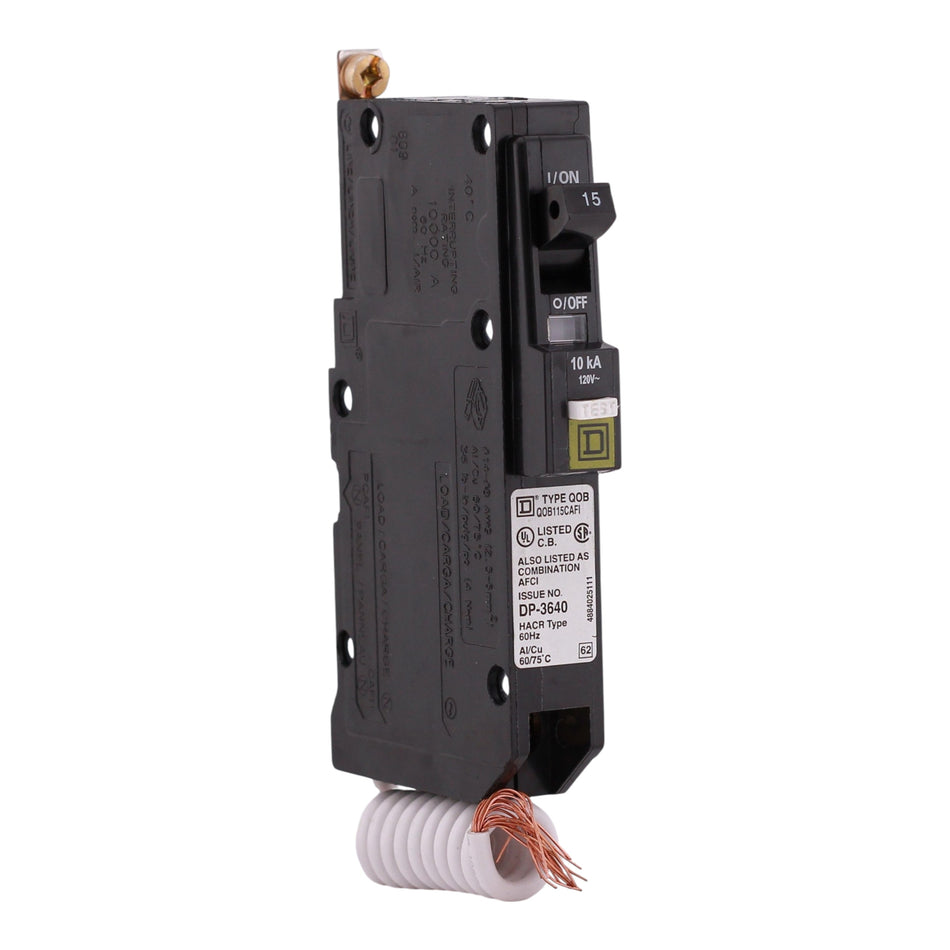 Square D QO, QOB115CAFI, 15A, 1P, 120V, AFCI, Pigtail Neutral, Bolt-On, Circuit Breaker