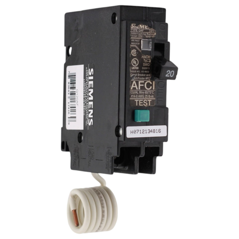 Siemens Q, Q120AF, 20A, 1P, 120V, AFCI, Pigtail Neutral, Circuit Breaker