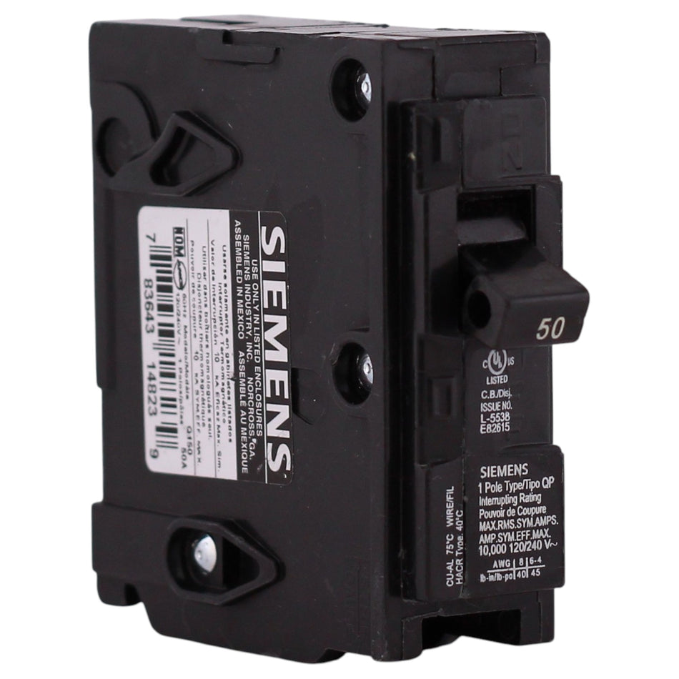 Siemens QP, Q150, 50A, 1P, 120V, Thermal Magnetic, Plug-In, Circuit Breaker