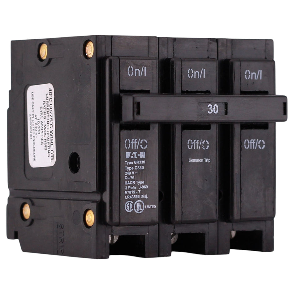 Eaton BR, BR330, 30A, 3P, 240V, Thermal Magnetic, Plug-On, Circuit Breaker