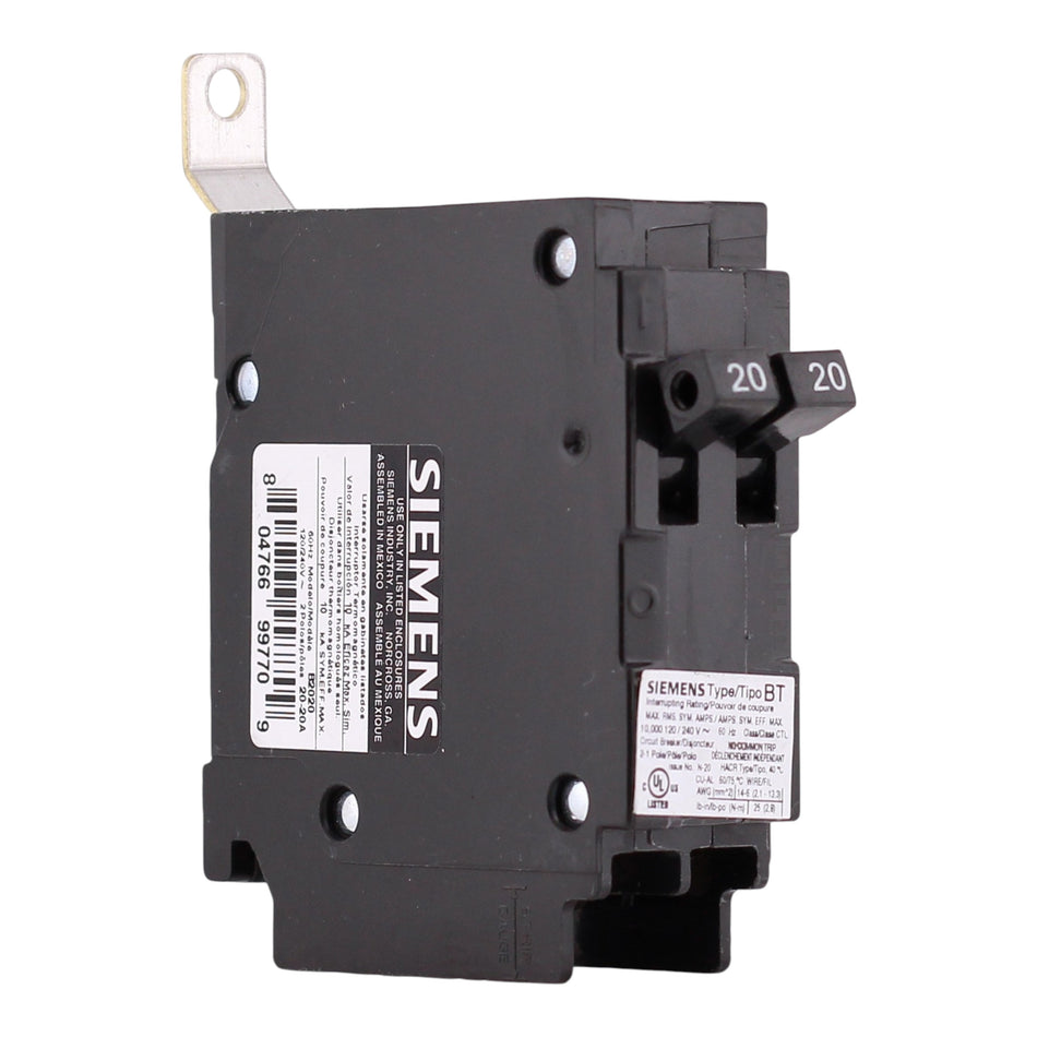 Siemens BT, B2020, 20/20A, 1P, 120V, Duplex, Bolt-On, Circuit Breaker