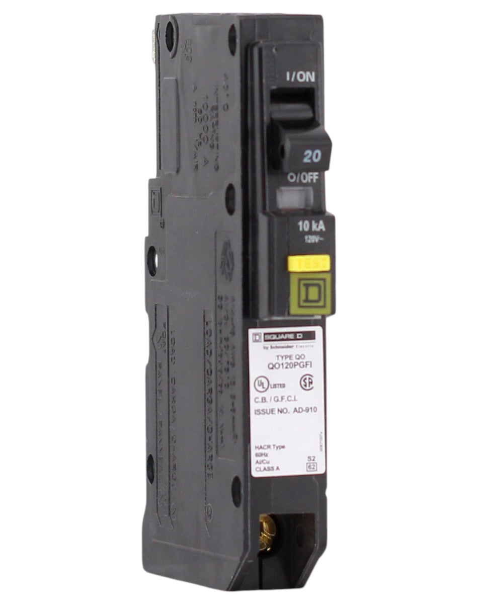 Square D QO, QO120PGFI, 20A, 1P, 120V, GFCI, Plug-On Neutral, Circuit Breaker