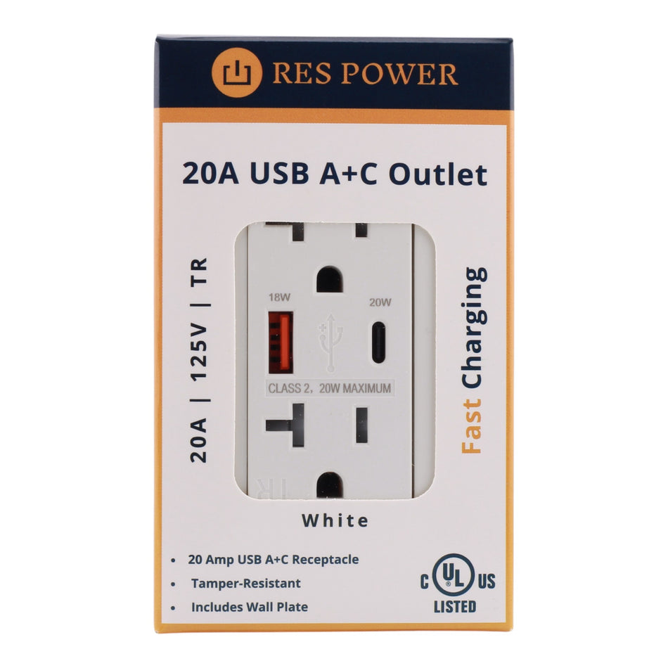 RES POWER 20A USB Outlet, Type A/C, Tamper-Resistant, RES20USBACFC, White