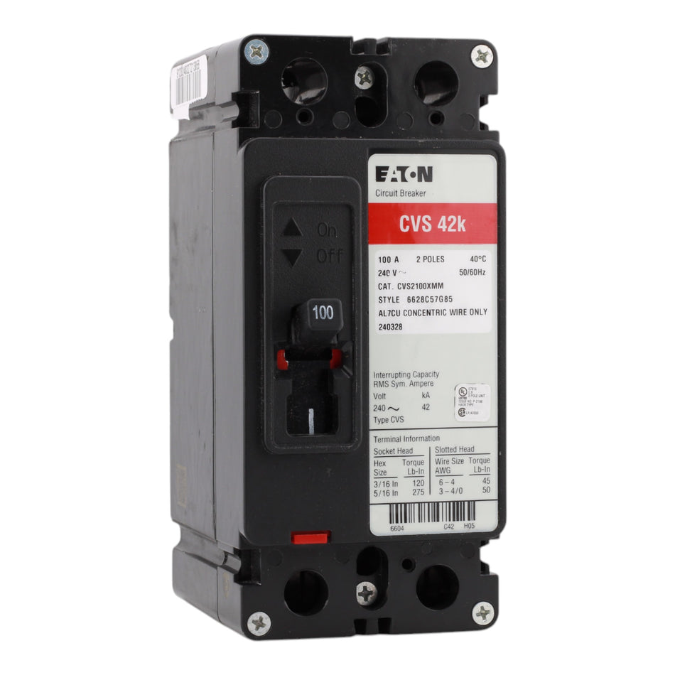 Eaton CVS2100XMM Molded Case Circuit Breaker, 100A, 2-Pole, 42 kAIC, Includes Mounting Kit, #6-4/0 AWG Wire Size