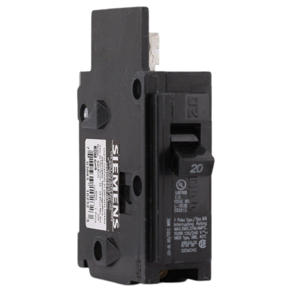 Siemens BQ, BQ1B020, 20A, 1P, 120V, Thermal Magnetic, Bolt-On, Circuit Breaker