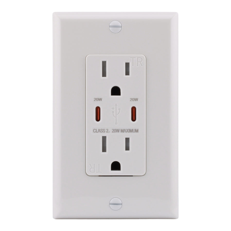 RES POWER 15A USB Outlet, Type C/C, Tamper-Resistant, RES15USBCCFC, White