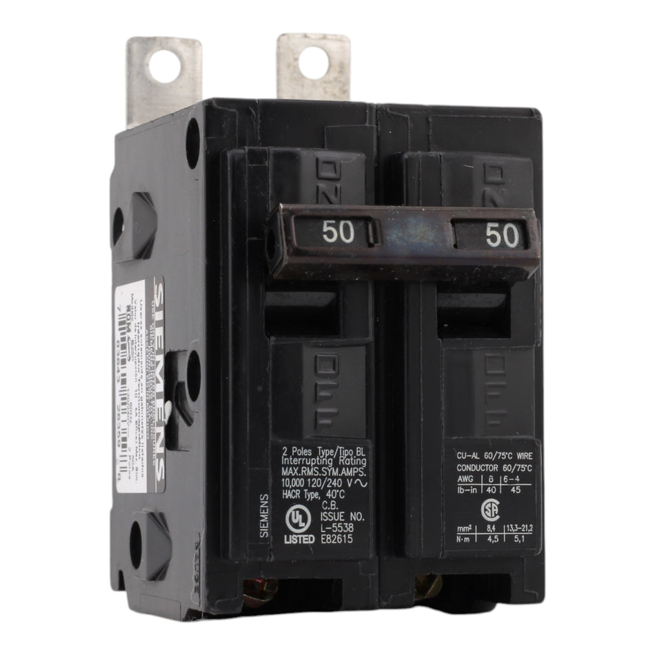 Siemens B250 50A 120/240V 2-Pole Thermal Magnetic Circuit Breaker, Type BL, 10kA Interrupt