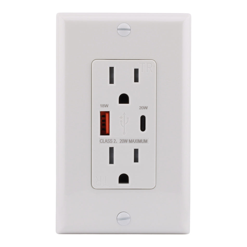 RES POWER 15A USB Outlet, Type A/C, Tamper-Resistant, RES15USBACFC, White