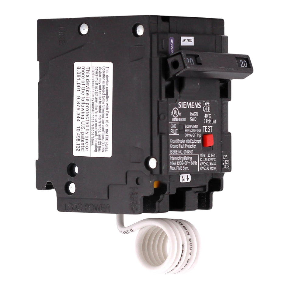 Siemens QEB, Q220EG, 20A, 2P, 240V, GFCI, Pigtail Neutral, Circuit Breaker