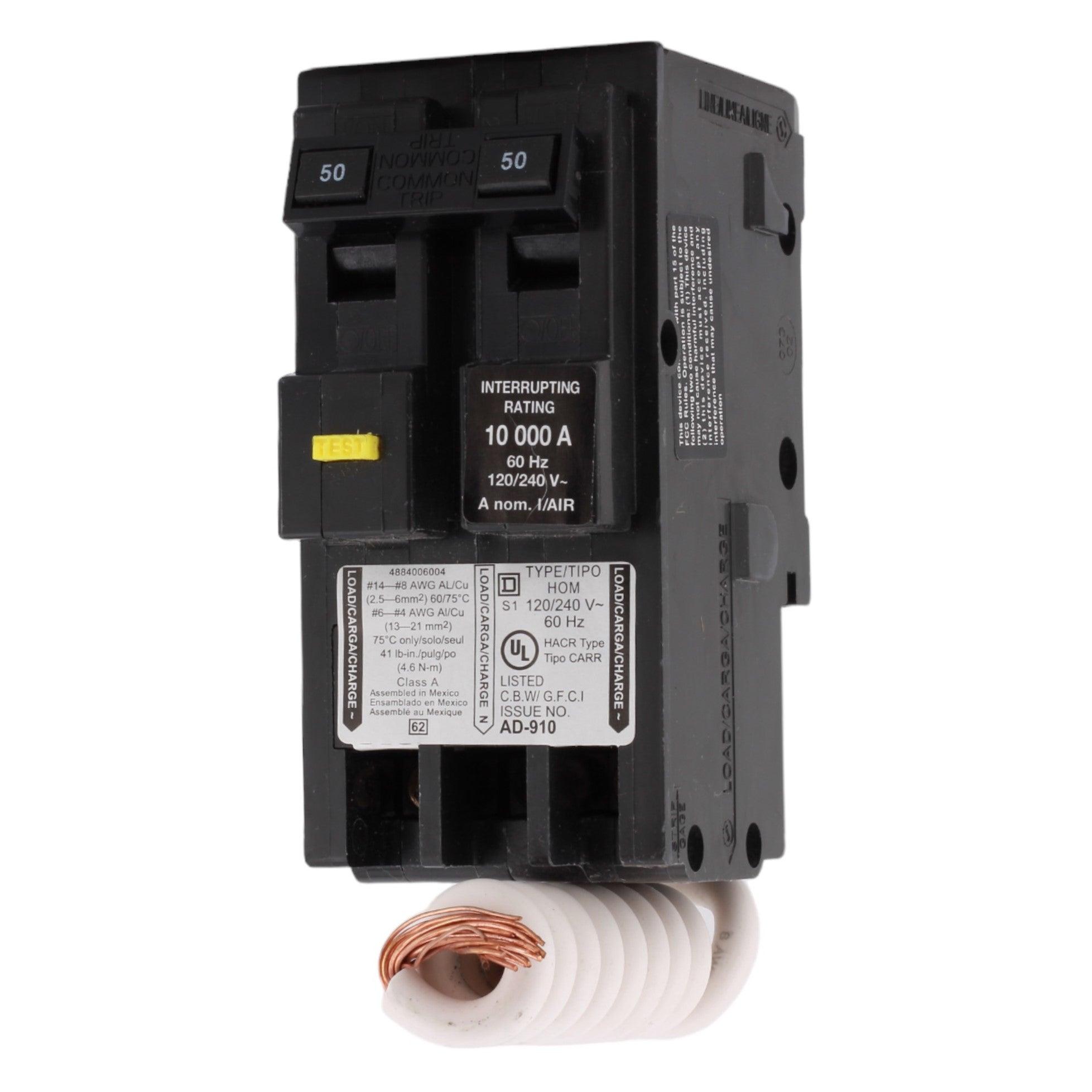 Square D HOM250GFI 50 Amp Double Pole 240V Pigtail-Neutral GFCI Ground Fault Circuit Breaker UL
