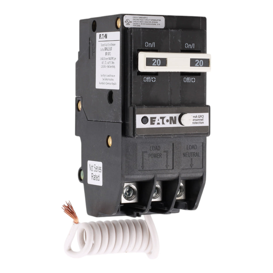 Eaton BRN220GF 20A 120/240V 2-Pole GFCI Circuit Breaker for BR Loadcenters, Pigtail Neutral, Ground Fault Protection