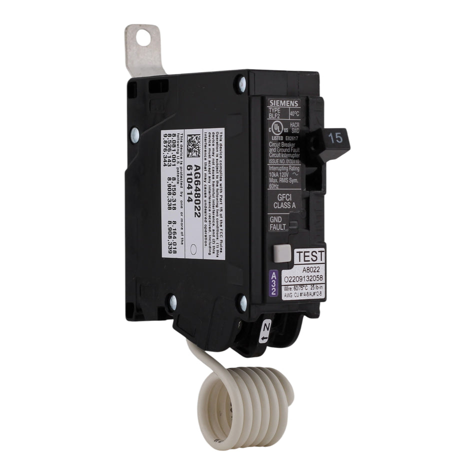Siemens BLF, BF115A, 15A, 1P, 120V, GFCI, Bolt-On,  Pigtail Neutral, Circuit Breaker
