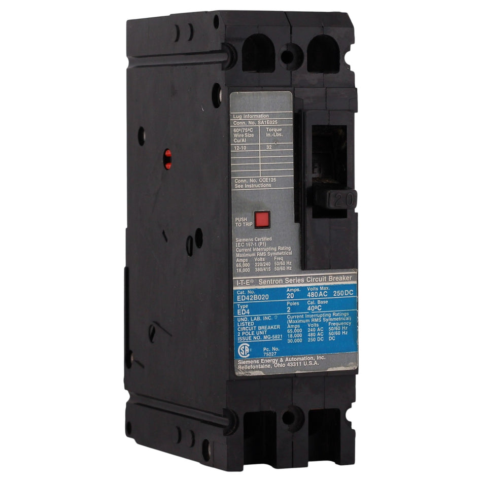 Siemens Sentron, ED42B020, 20A, 2P, 480VAC/250VDC, 18kA, Thermal Magnetic, MCCB
