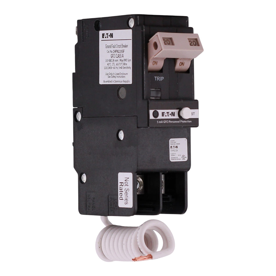 Eaton CH, CHFN220GF, 20A, 2P, 120/240V, GFCI, Pigtail Neutral, Circuit Breaker