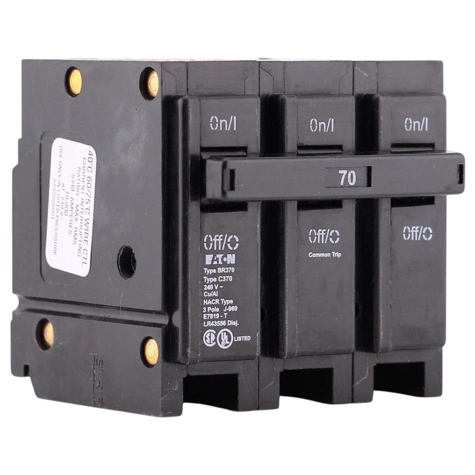 Eaton BR, BR370, 70A, 3P, 240V, Thermal Magnetic, Plug-On, Circuit Breaker