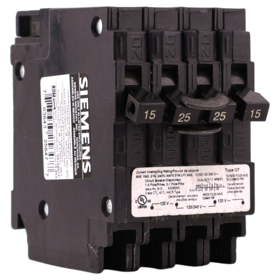 Siemens QT, Q21525CT, 15A/25A, Triplex, 120/240V, 10kA, Plug-In, CTL, Circuit Breaker