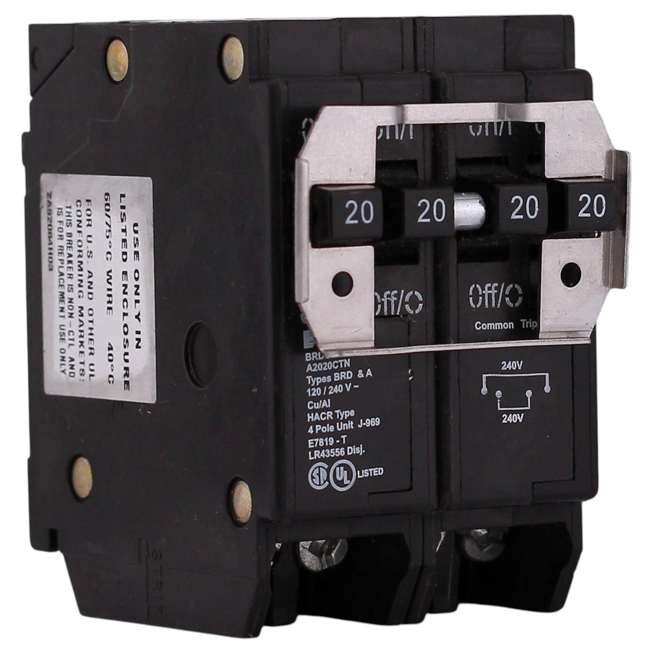 Eaton BRD, BRDC220220, 20A, 4P, 120/240V, Quadplex, Plug-On, Non-CTL, Circuit Breaker