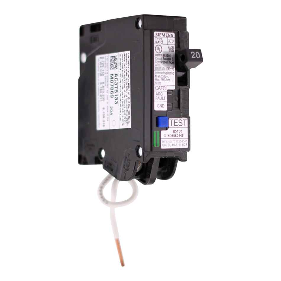 Siemens QA, QA120AFCWG, 20A, 1P, 120V, AFCI, Pigtail Neutral, Circuit Breaker