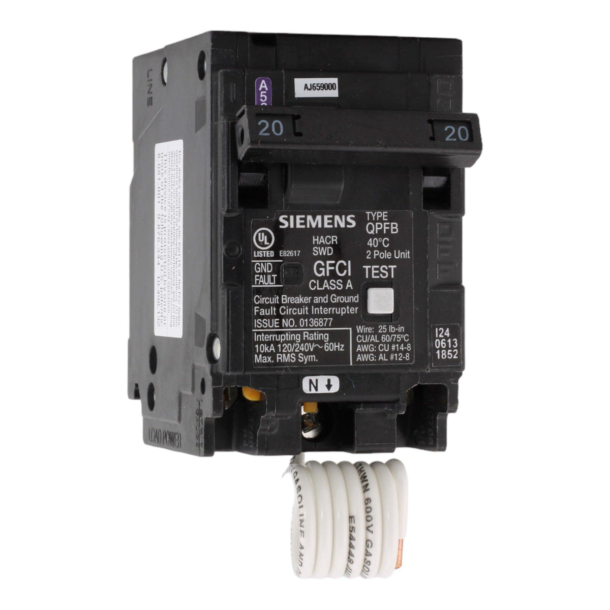 Siemens Q220GF 20 Amp Double Pole 240V Pigtail-Neutral GFCI Ground Fault Circuit Breaker UL