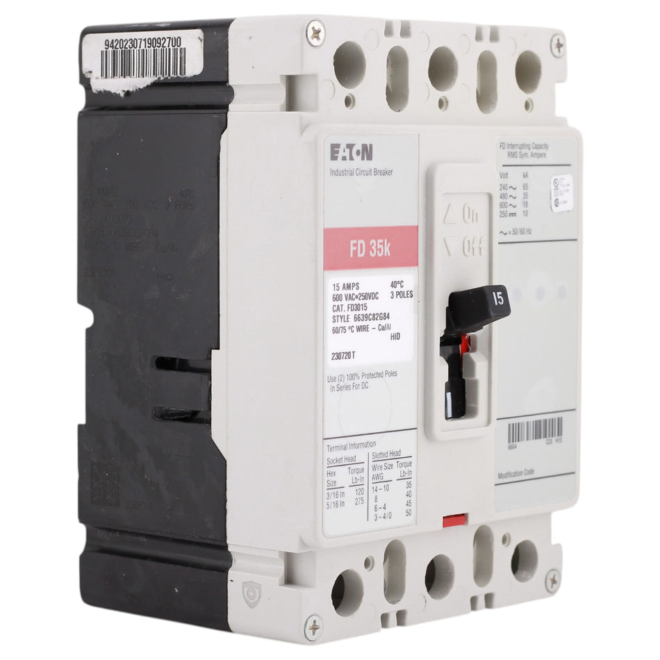 Eaton Series C, FD3015, 15A, 3P, 600V, Thermal Magnetic, Circuit Breaker