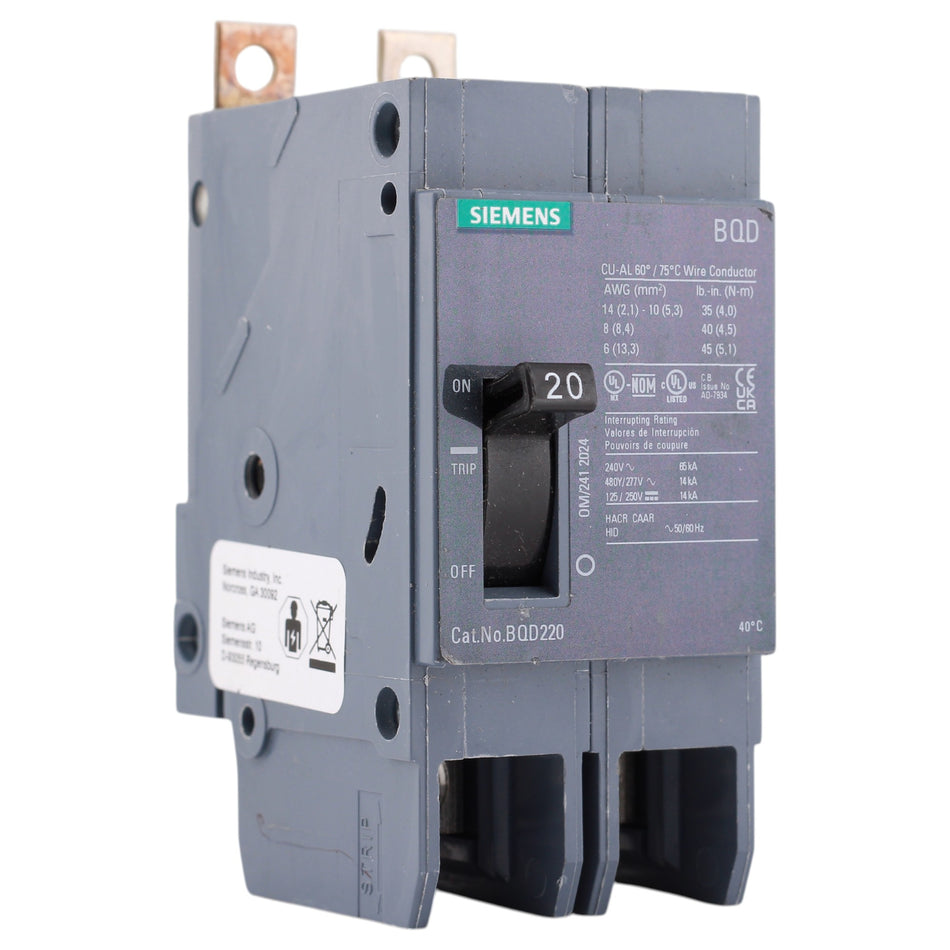 Siemens BQD, BQD220, 20A, 2P, 480V, Thermal Magnetic, Bolt-On, Circuit Breaker