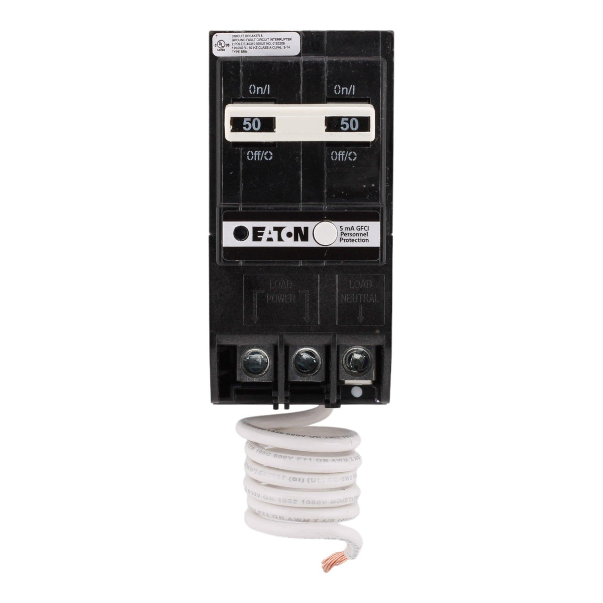 Eaton BRN250GF 50 Amp Double Pole 240V Pigtail-Neutral GFCI Ground Fault Circuit Breaker UL