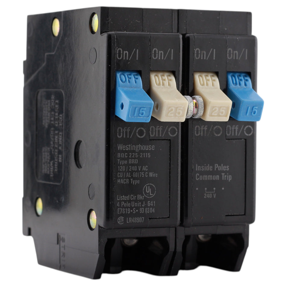 Westinghouse BR, BQC2252115, 25A/15A, 4P, 120/240V, Quadplex, CTL Plug-On, Circuit Breaker