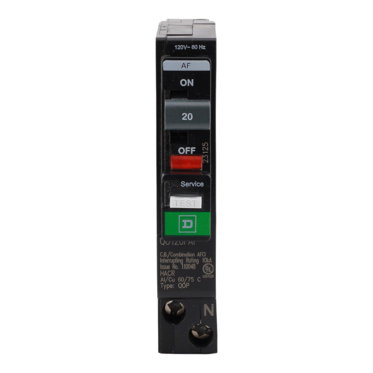 Square D QO120PAF 20A 120V 1-pole AFCI Circuit Breaker Plug-on Neutral UL