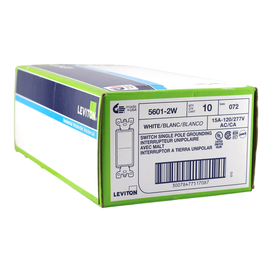 Leviton Decora PACK-10 5601-2W 15A Single-Pole 120/277V Grounding Rocker Switch White