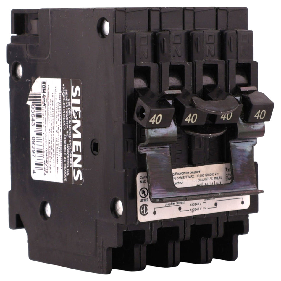 Siemens QT, Q24040CT2, 40A/40A, Quadplex, 120/240V, 10kA, Plug-In, CTL, Circuit Breaker