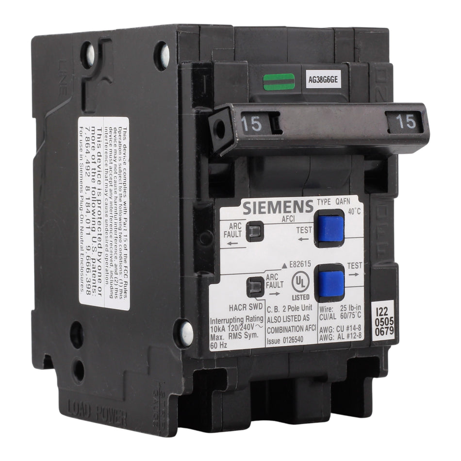 Siemens QAFN Q215AFCN 15A 2P 120/240V AFCI Plug-On Neutral Circuit Breaker