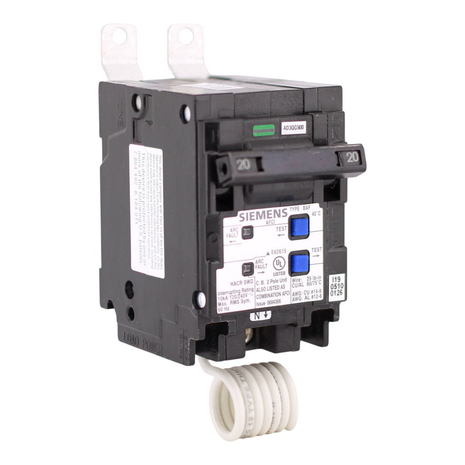 Siemens BAF, B220AFC, 20A, 2P, 120/240V, AFCI, Pigtail Neutral, Panelboard Circuit Breaker