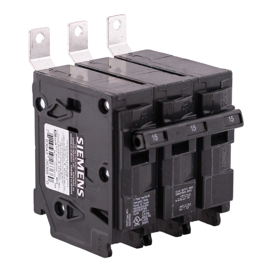 Siemens BL, B315, 15A, 3P, 240V, 10kA, Bolt-On, Thermal-Magnetic, Circuit Breaker