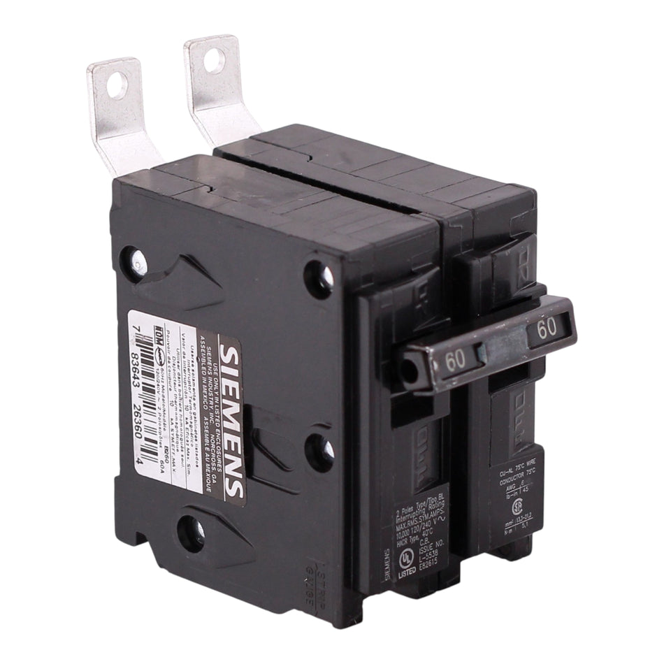 Siemens BL, B260, 60A, 2P, 120/240V, 10kA, Bolt-On, Thermal-Magnetic, Circuit Breaker