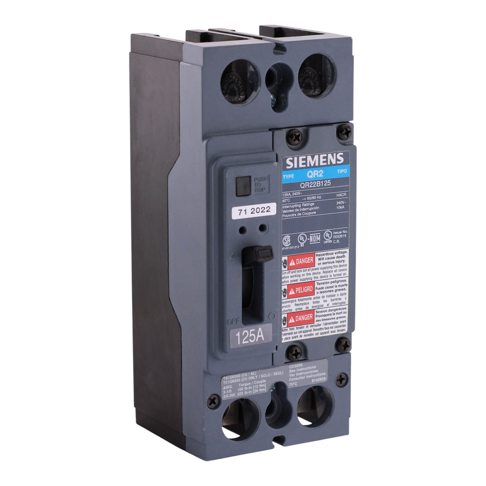 Siemens QR Series, QR22B125, 125A, 2P, 240V, 10kA, Bolt-On, Thermal-Magnetic, MCCB