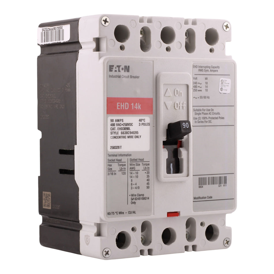 Eaton EHD EHD3090L 90A 3P 240/480V Molded Case Circuit Breaker