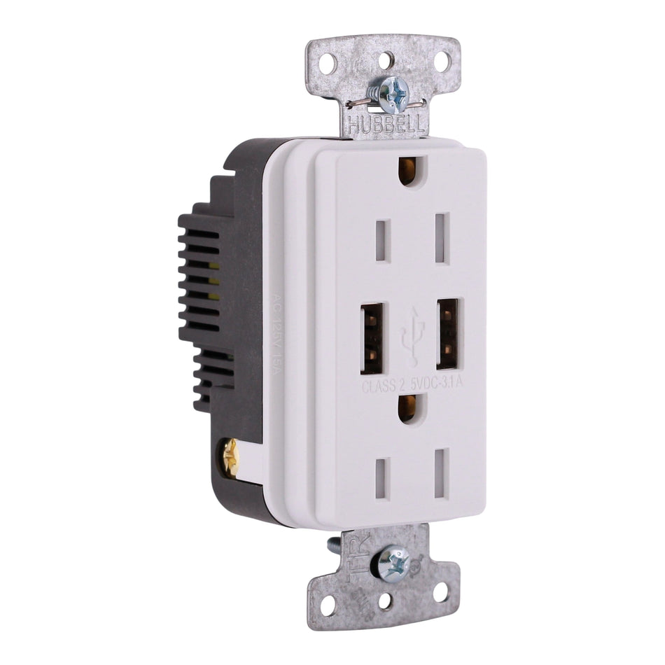 Hubbell Wiring Device-Kellems, USB15AW, 15A, 125V, USB Duplex Receptacle, Dual Type A, White, Tamper-Resistant