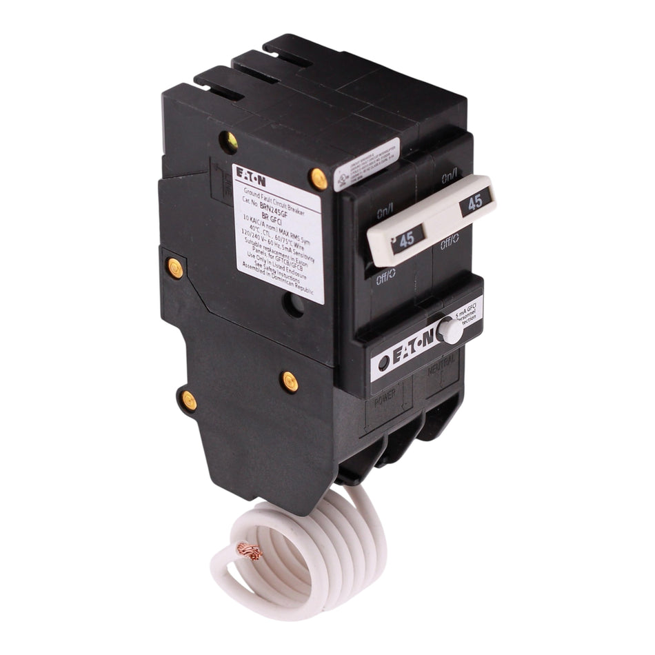 Eaton BR, BRN245GF, 45A, 2P, 120/240V, GFCI, Pigtail Neutral, Circuit Breaker