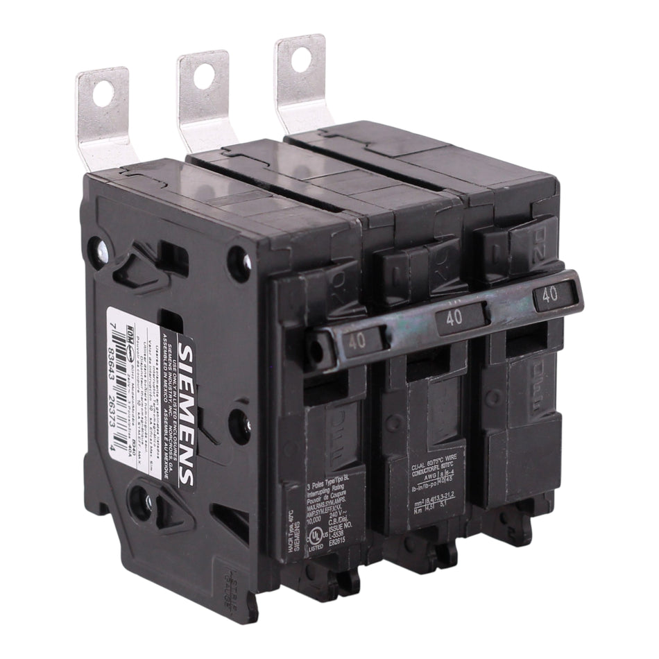 Siemens BL, B340, 40A, 3P, 240V, 10kA, Bolt-On, Thermal-Magnetic, Circuit Breaker