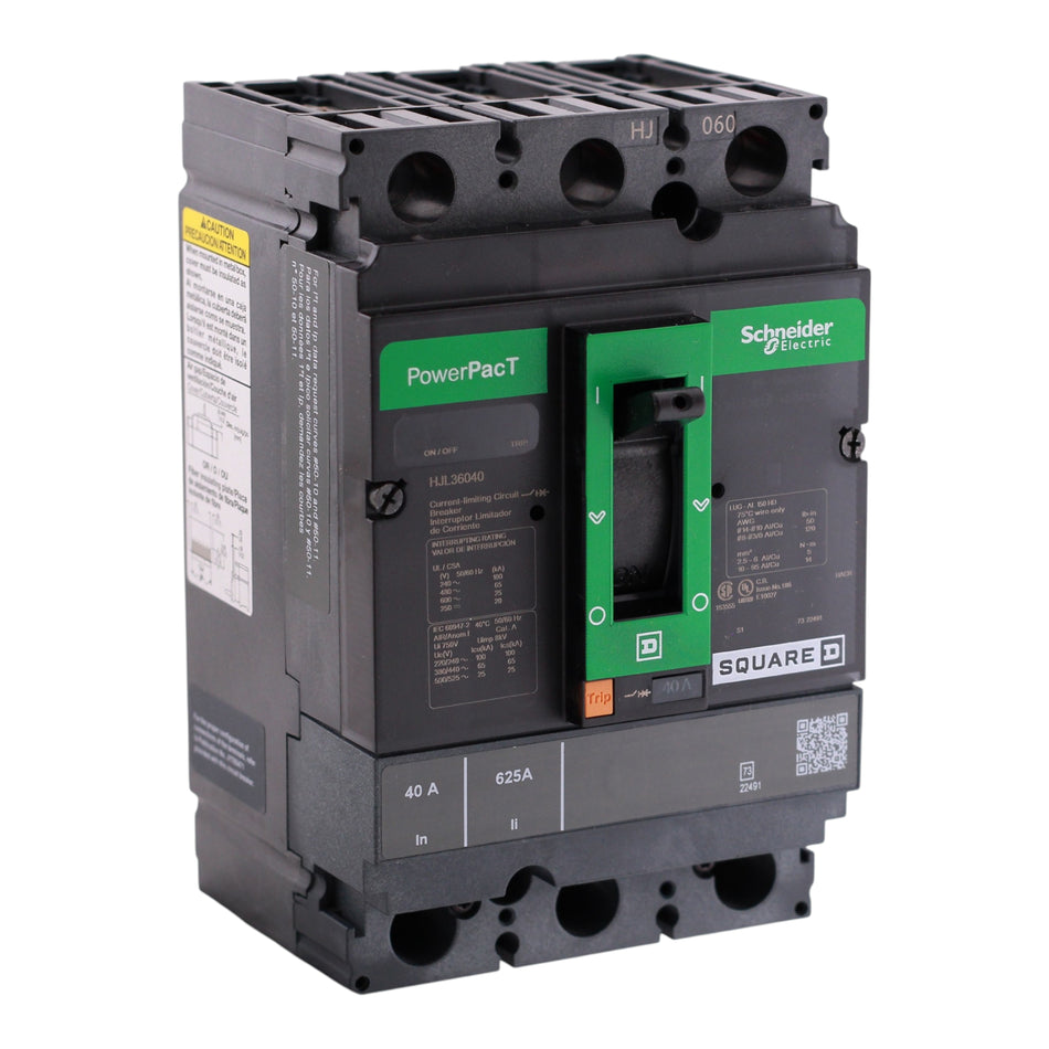 Square D PowerPacT H, HJL36040, 40A, 3P, 600V, 25kA, Unit Mount, Lug, Thermal-Magnetic, 80%, MCCB