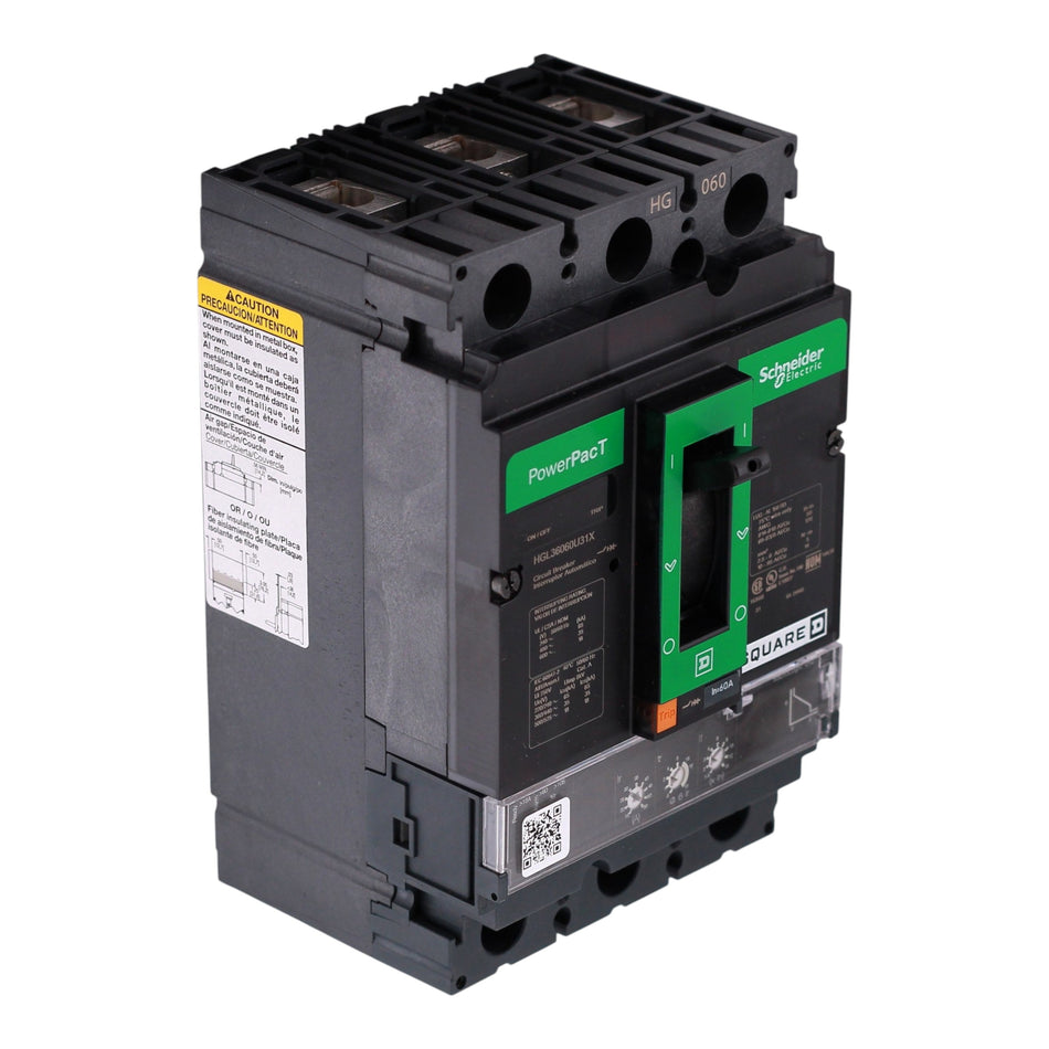 Square D PowerPacT H, HGL36060U31X, 60A, 3P, 600V, 18kA, MicroLogic 3.2, EI, Unit Mount, Lug, MCCB