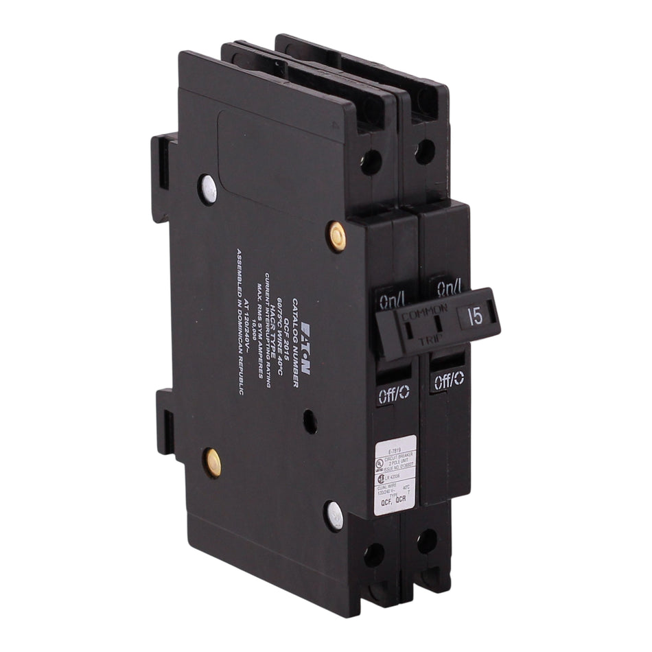 Eaton Quicklag QCF, QCF2015, 15A, 2P, 120/240V, 10kA, Cable-In/Cable-Out, Circuit Breaker