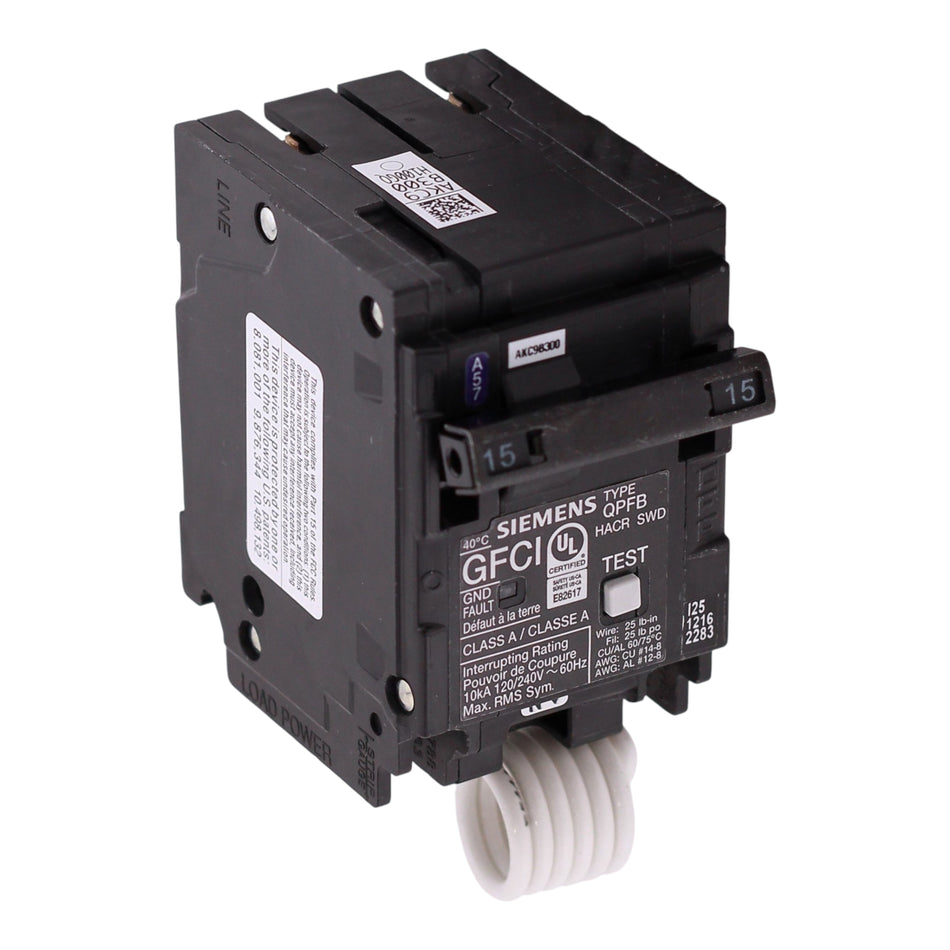 Siemens QPFB, Q215GF, 15A, 2P, 120/240V, GFCI, Pigtail Neutral, 5mA, Plug-In, Circuit Breaker