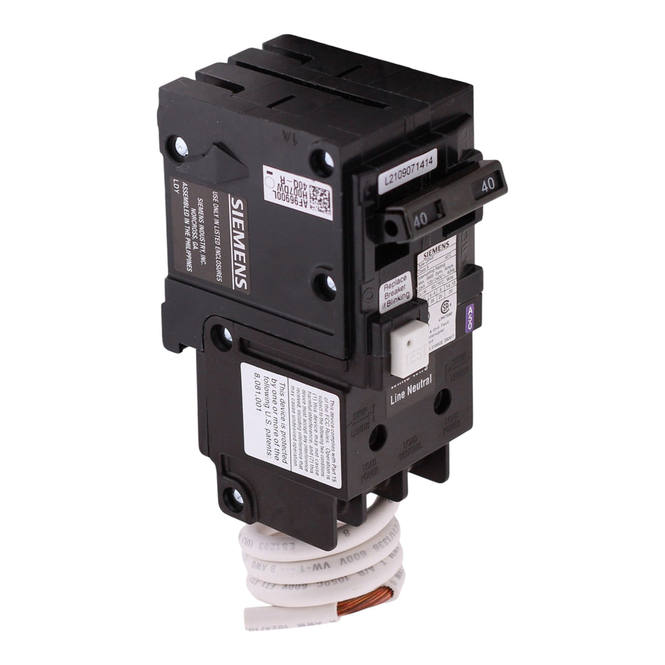 Siemens QPHF, QF240AH, 40A, 2P, 120/240V, GFCI, Pigtail Neutral, 5mA, 22kA, Plug-In, Circuit Breaker