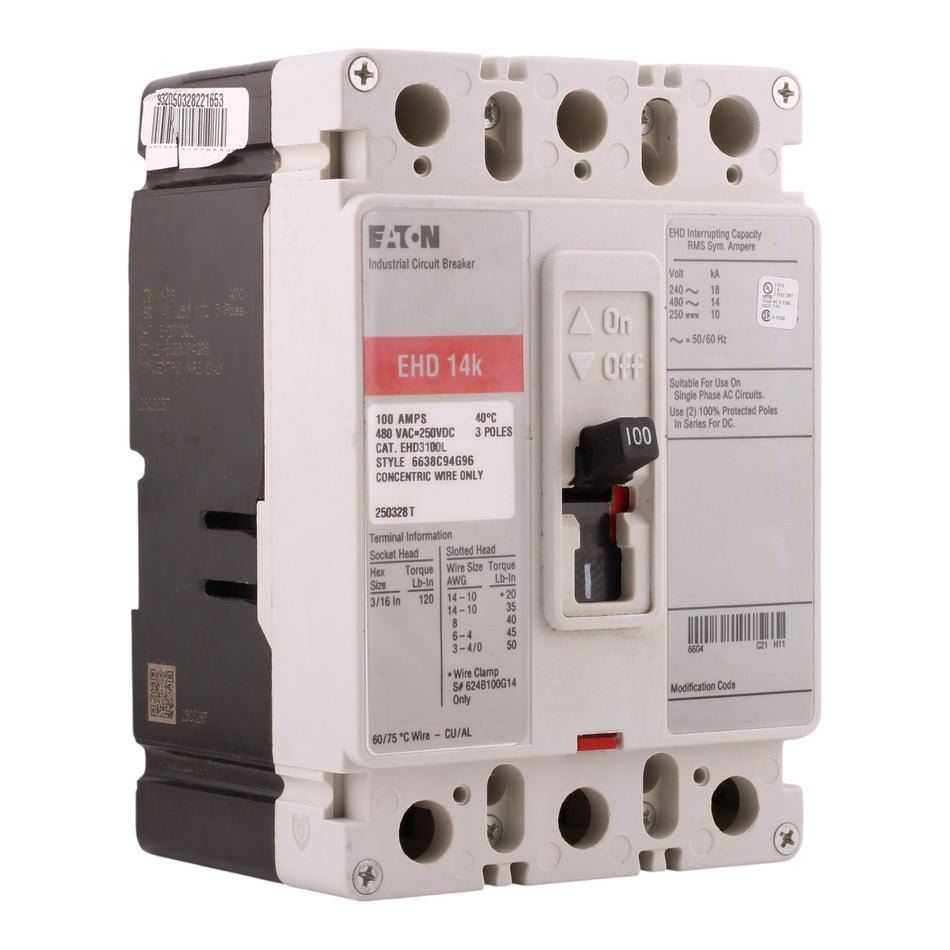 Eaton EHD EHD3100L 100A 3P 240/480V Molded Case Circuit Breaker