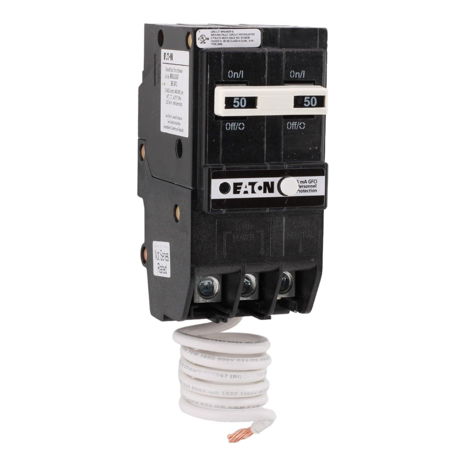 Eaton BRN250GF 50 Amp Double Pole 240V Pigtail-Neutral GFCI Ground Fault Circuit Breaker UL